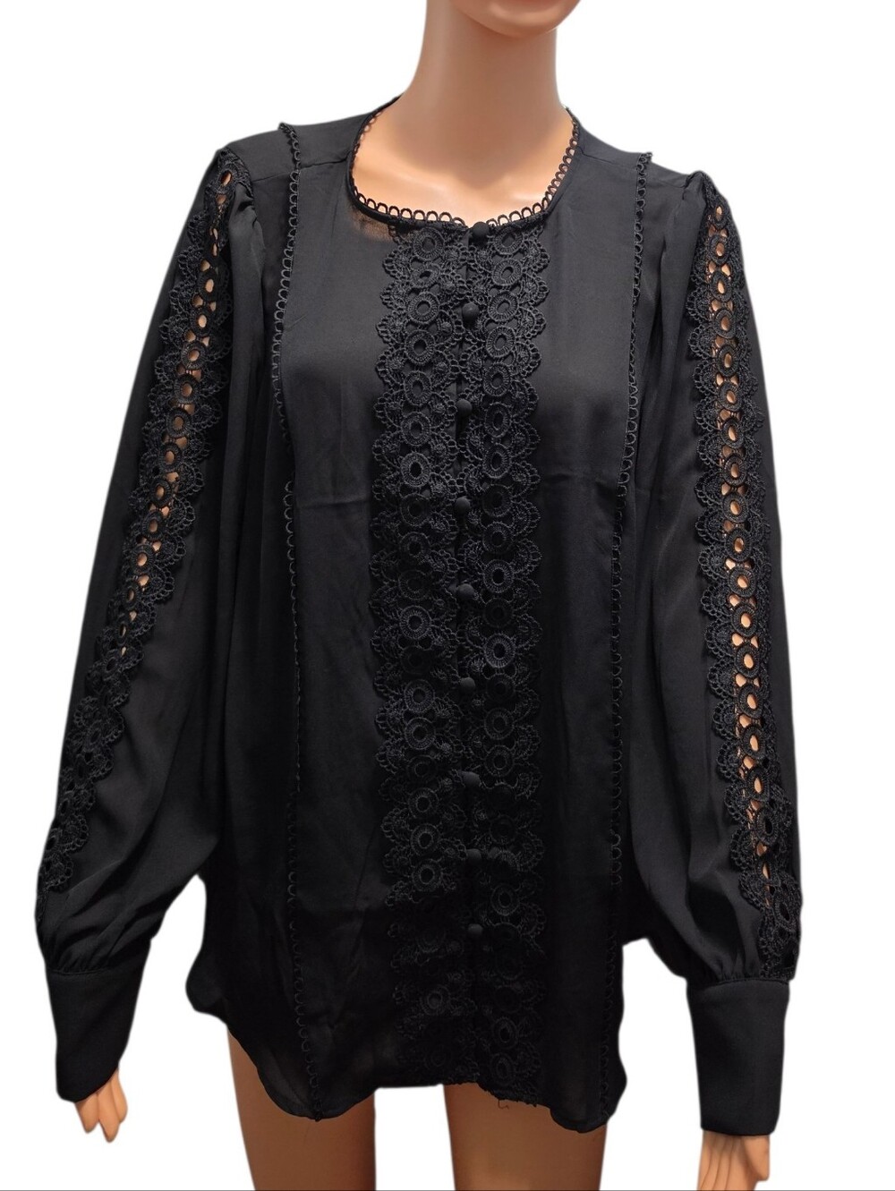 Torrid Georgette Lace Trim Button Up Victorian Long Sleeve Black Blouse Sz 1X - Picture 2 of 9